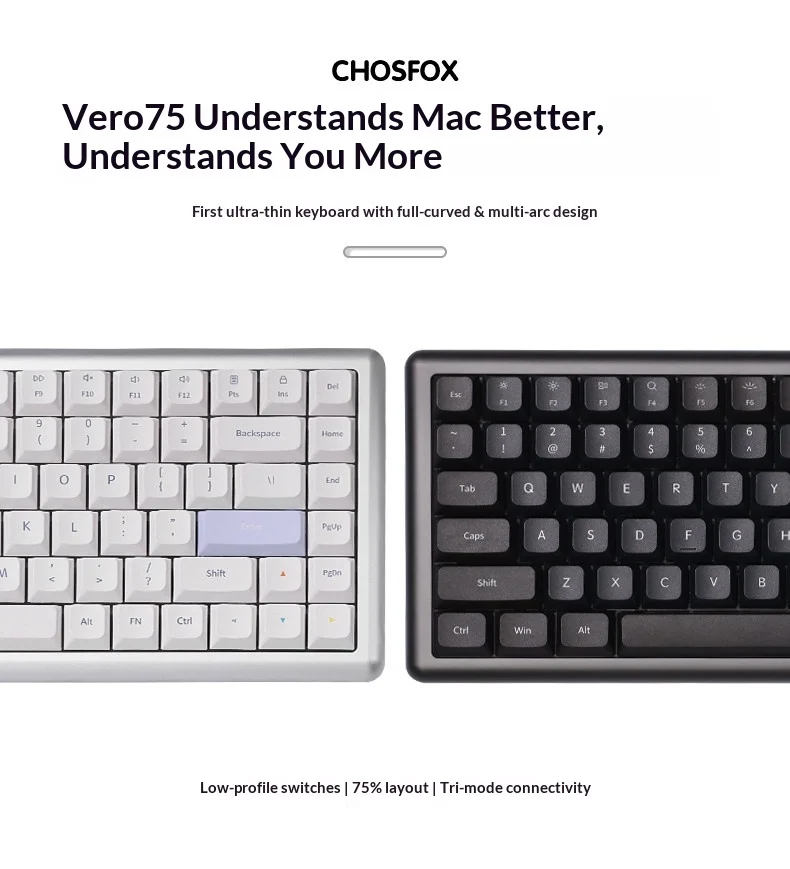 Vero75 Low Profile Mechanical Keyboard Tri-Mode Custom Qmk/Via Game Mute Office Laptop Pc Accessories macOS Windows iOS Android