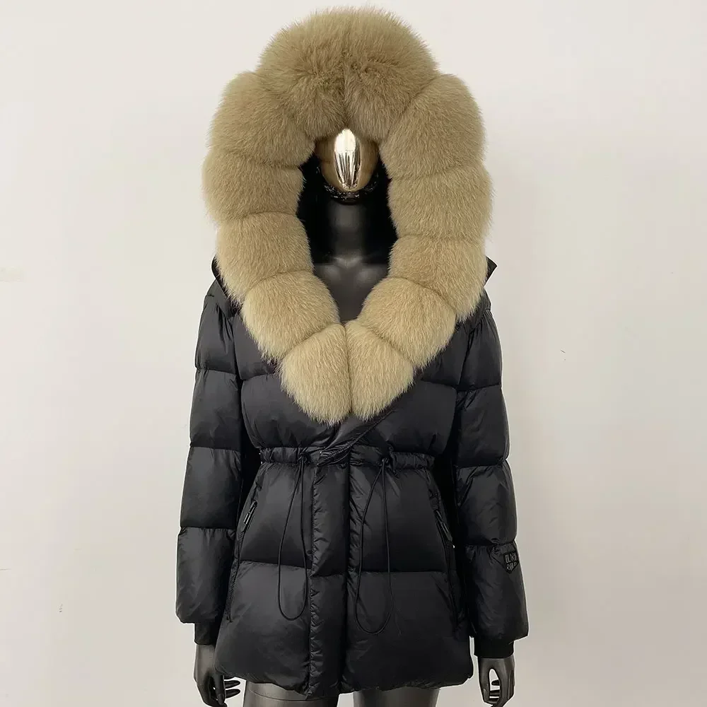 White Goose Down Jacket Women New Natural Thick Warm Real Big Fox Fur Collar Belt Loose Puffer Parka Winter Real Fur Coat