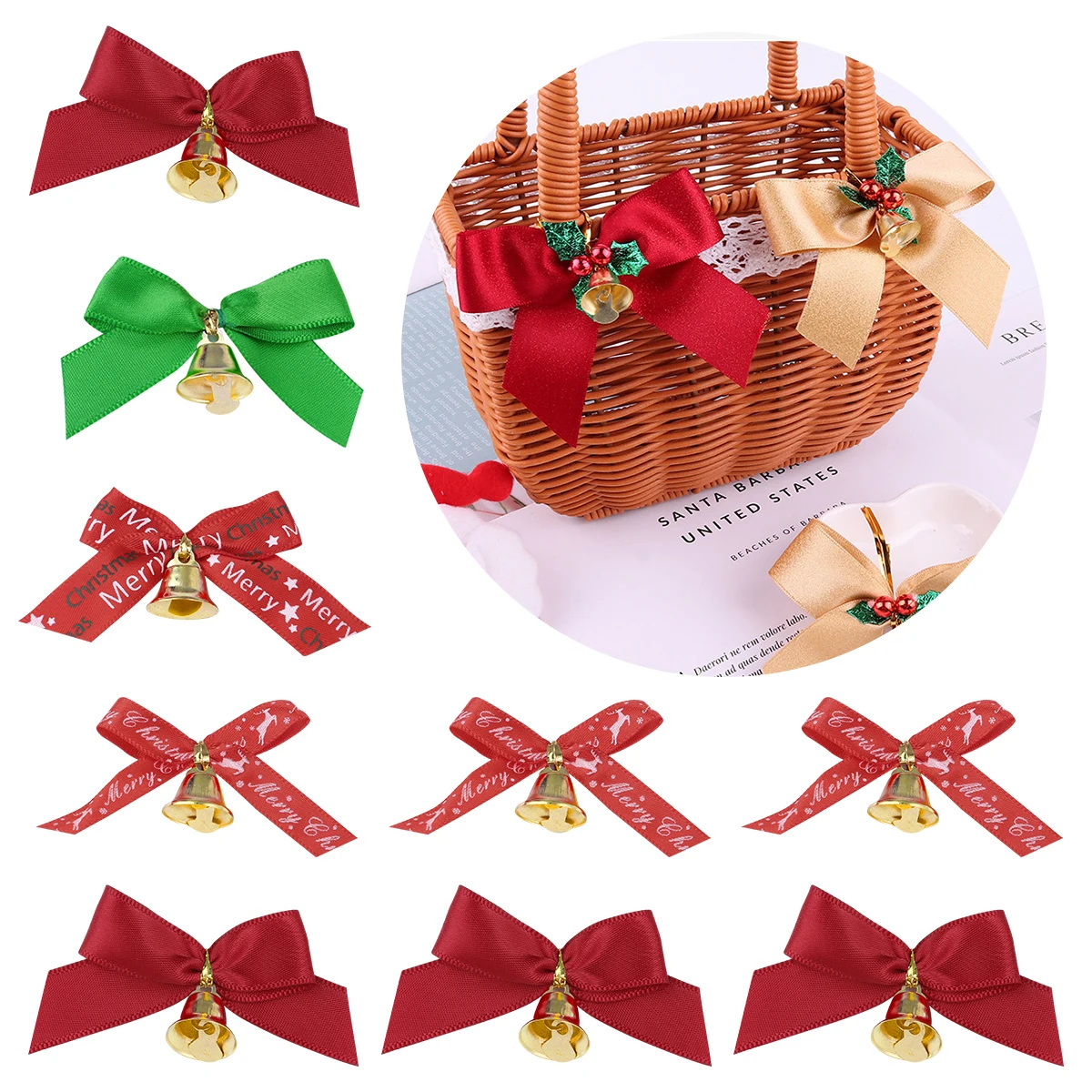 10 Stück Weihnachts-Schleifen mit Glöckchen, Weihnachtsgeschenk-Schleifen mit kleinen Glöckchen, DIY-Schmuck, Geschenkverpackung, Weihnachtsbaumdekoration – Detail 2