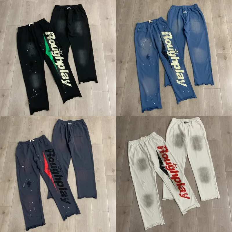 Man Street Trendy Splatter White Dot Raw Hem Sweatpants Multi-color Vintage Letter Print Elastic Waist Rough Play Casual Pants