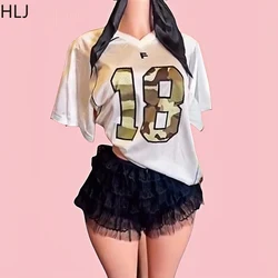 HLJ White Fashion Letter Print Ruffle Shorts Two Piece Sets Outfits Women V Neck Loose Tshirt And Ruched Shorts 2pcs Streetwear