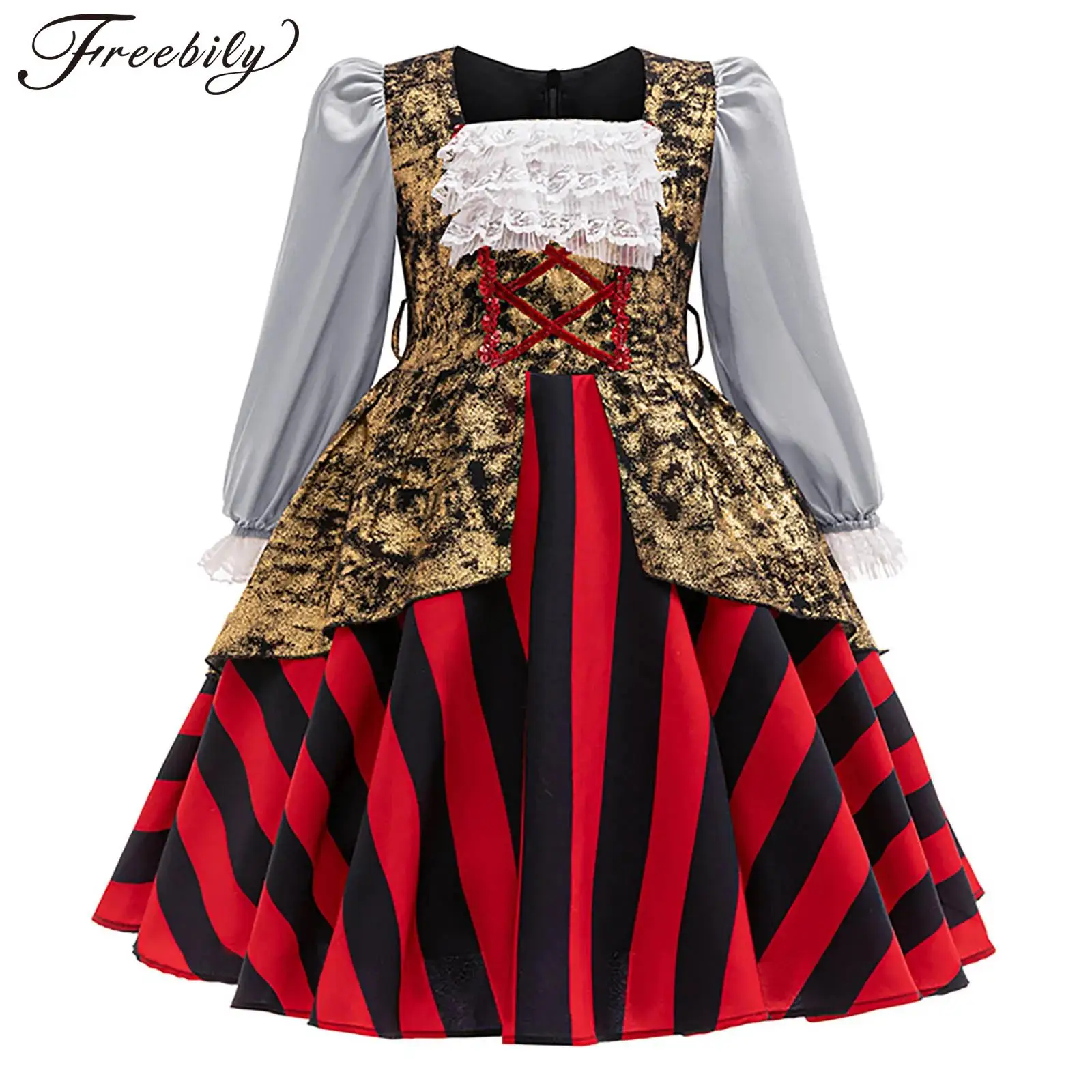 Kids Girls Medieval Renaissance Cosplay Dress Gothic Vintage Ball Gown Halloween Viking Pirate Dress Up Costume for Theme Party