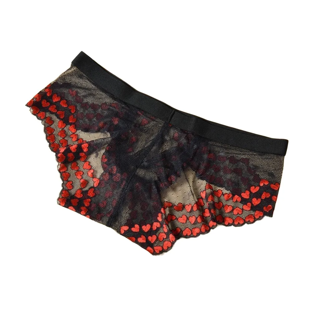 Men Sheer Mesh Heart Pattern Lace See Through Briefs Bulge Pouch Low Waist Breathable Underwear Panties For Gay Lingerie