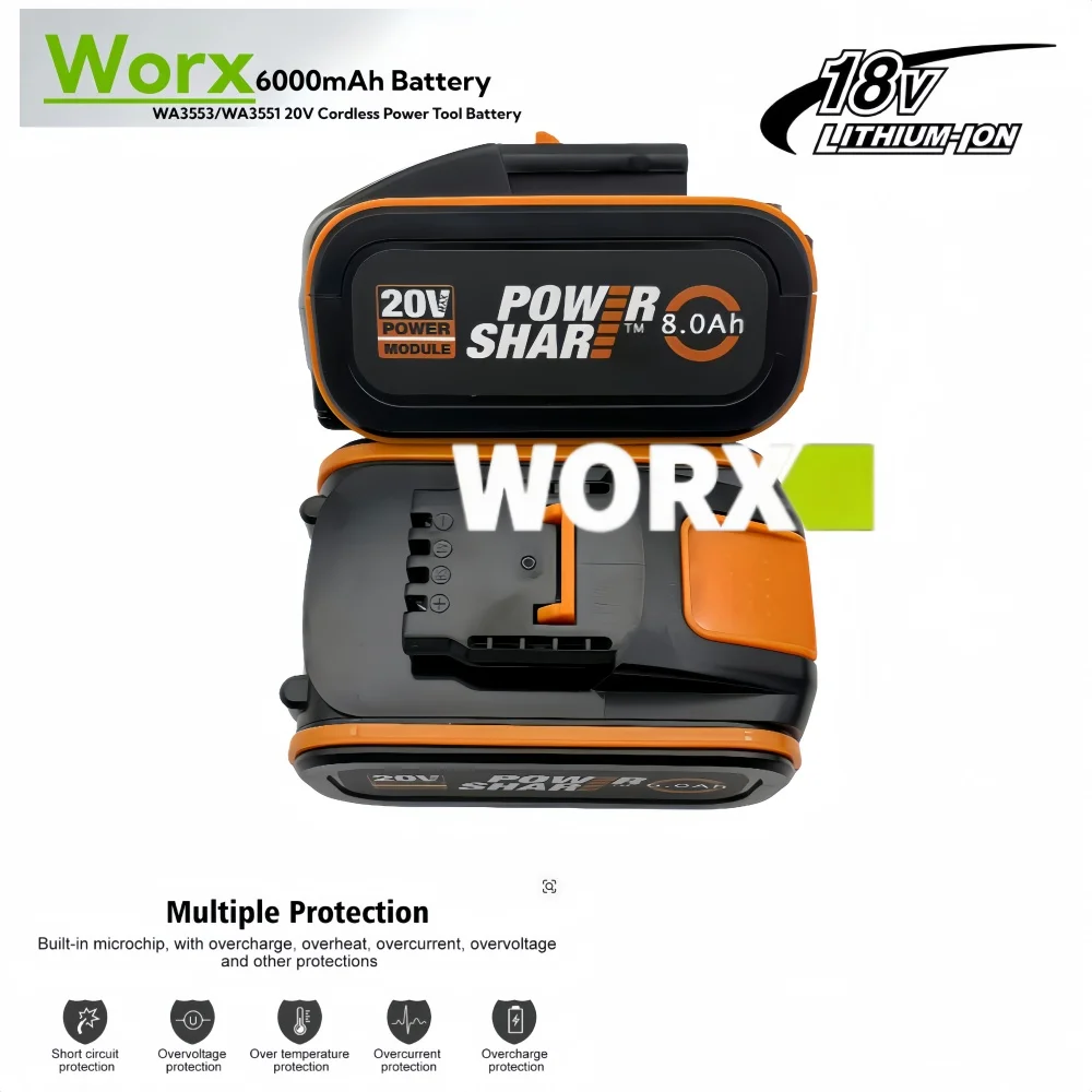 Аккумулятор WORX 20V 6Ah 8Ah WA3014 WA3551 WG630 WG629 WX372 WX390 WX394 WX550 WX523 WX802 WX858 WX900 для электроинструментов