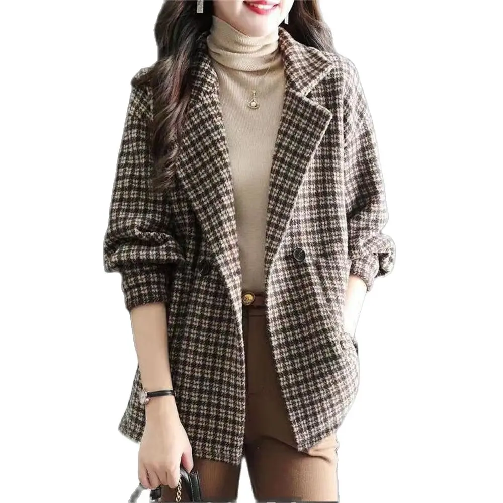 Women Woolen Blazer Double Breasted Plaid Female Suit Jacket Fashion Korean Outerwear Loose Blaser Coat New Vintage Houndstooth