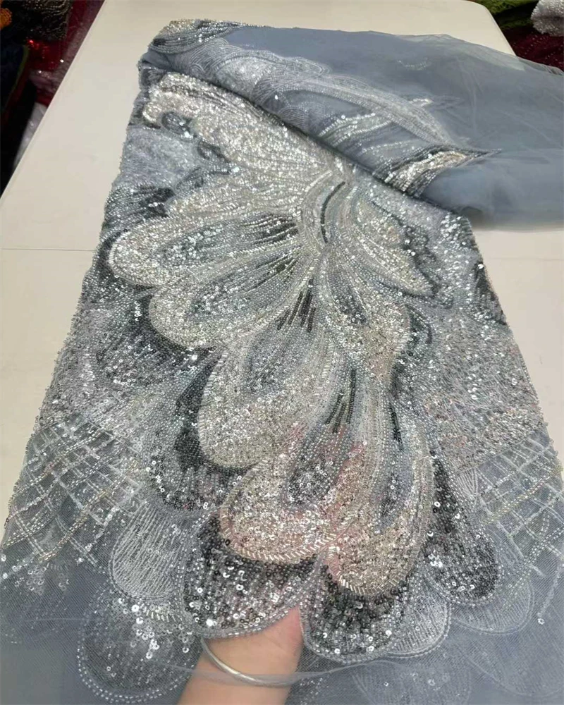 

Luxury Sequins Lace Fabric 2025 High Quality French African Beaded Lace Fabric Nigerian Embroidery Fabric For Sewing