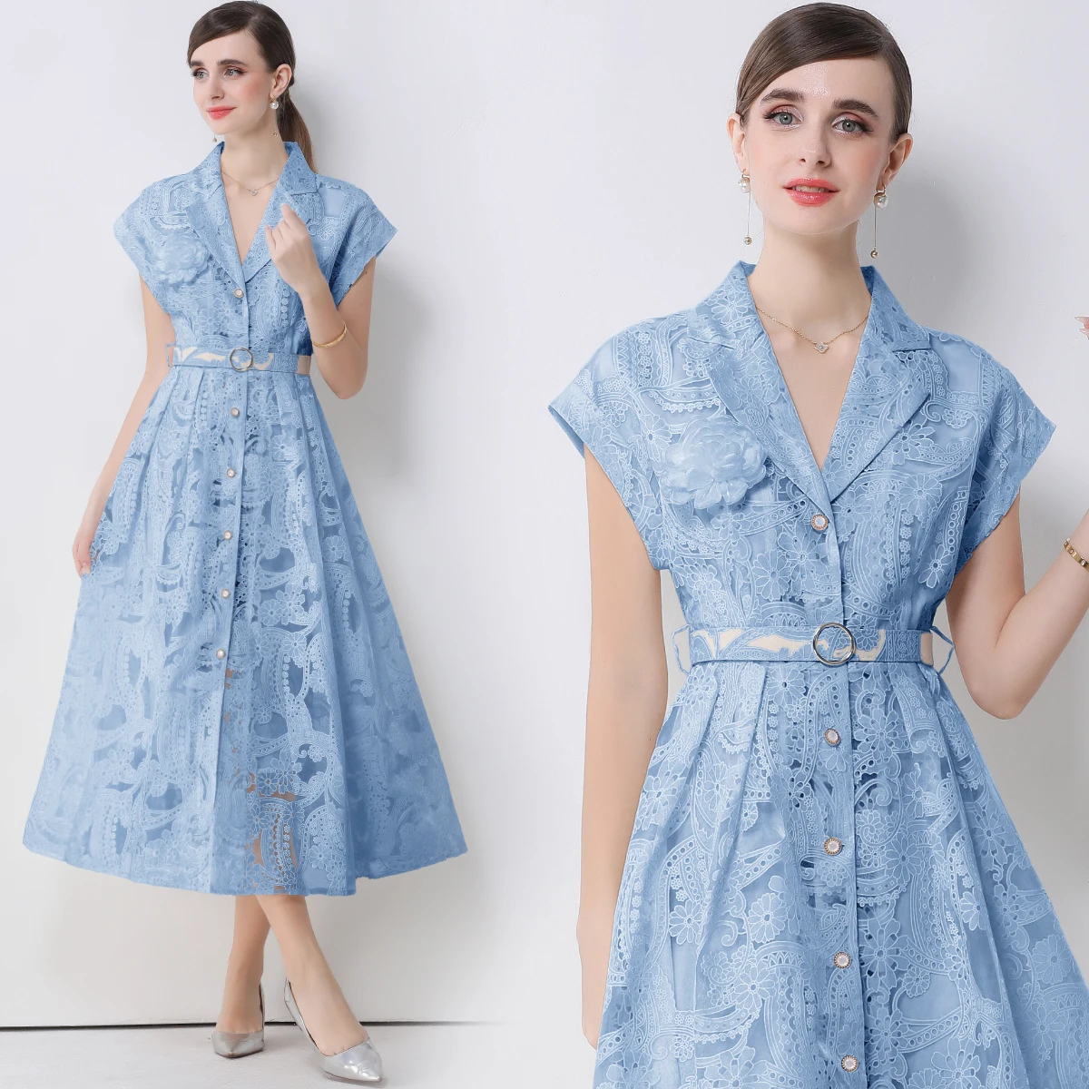 Damen High-End-Design Blumenausschnitt Stickerei Kleid Frühling Sommer Elegantes Kleid Blazer Kragen Einreiher Midi-Kleider