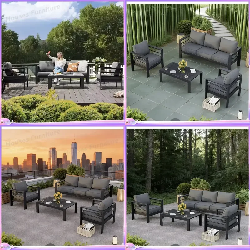 Outdoor Patio Furniture Set Waterproof Rattan Sofa Garden Terrace Leisure Couch with Coffee Table Sunproof Exterior Seating