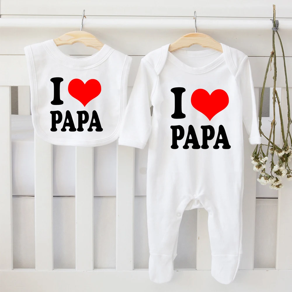 I Love Mama & I Love Papa Baby Sleepsuit & Bib Baby Shower Gift Infant Keepsake Toddler Infant Coming Home Outfits