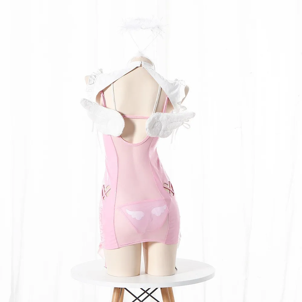 

Women Pink Witch Heart Hollow Sleeveless Christmas Costumes Sexy Demon Dress Bandage Lingerie Uniform Halloween Costumes