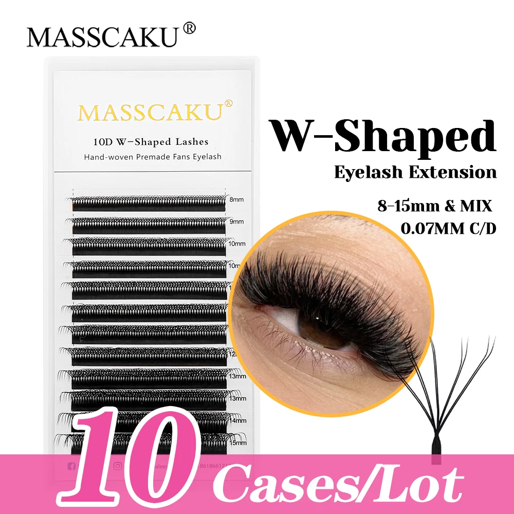 

MASSCAKU High Quality 10cases/lot Korean PBT Fiber W Style Volume Eyelash Hand-woven W Design Premade Fans Lashes Easy to Pick