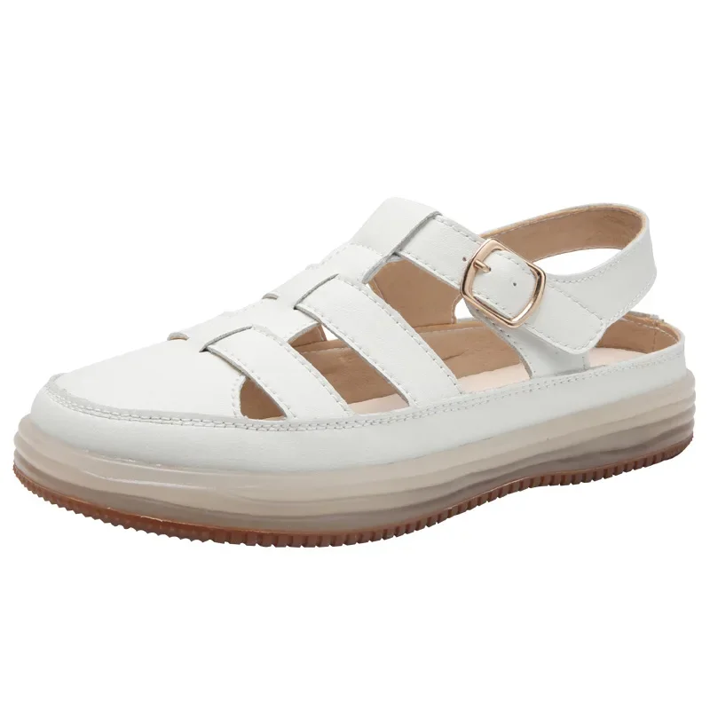 2025 Summer High Quality Leather Baotou Roman Sandals Ladies Retro Hollow Woven Women Sandals Platform Beach Slippers Sandalias