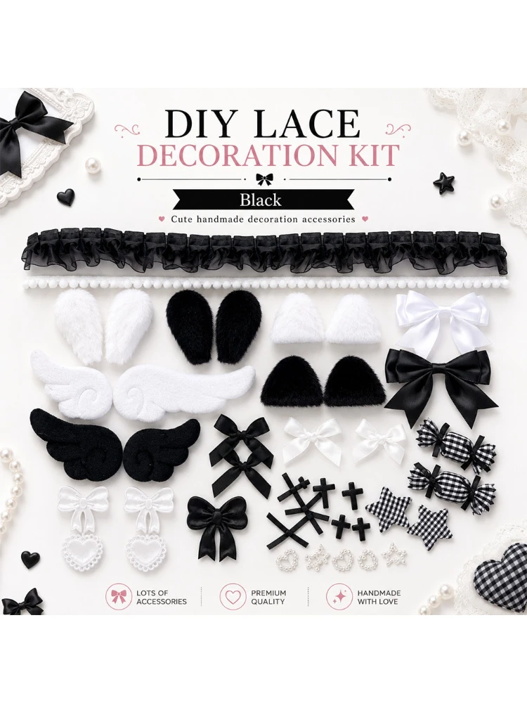 Süßes Mädchenhaftes DIY-Deko-Set: Spitzenband-Schleife, Engelsflügel, Hasenohren, Taschenzubehör, Lolita-Anime-Kartenanhänger, Handgemachte Dekoration