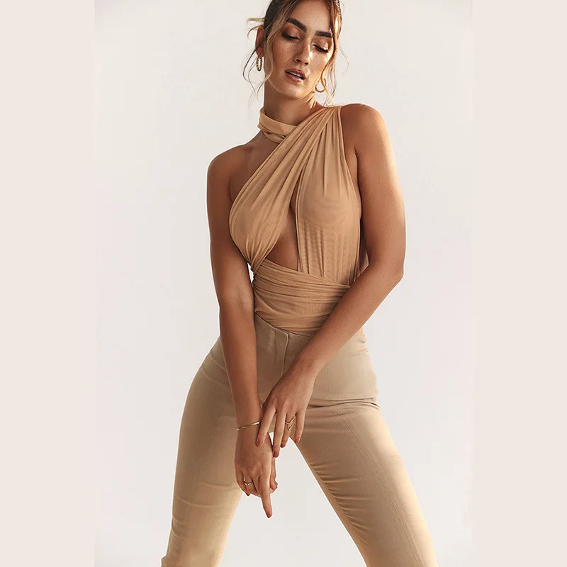 

Hanging Neck Sexy Open Back Pleated Strap Hollow Mesh Bodysuit Women's Fashion