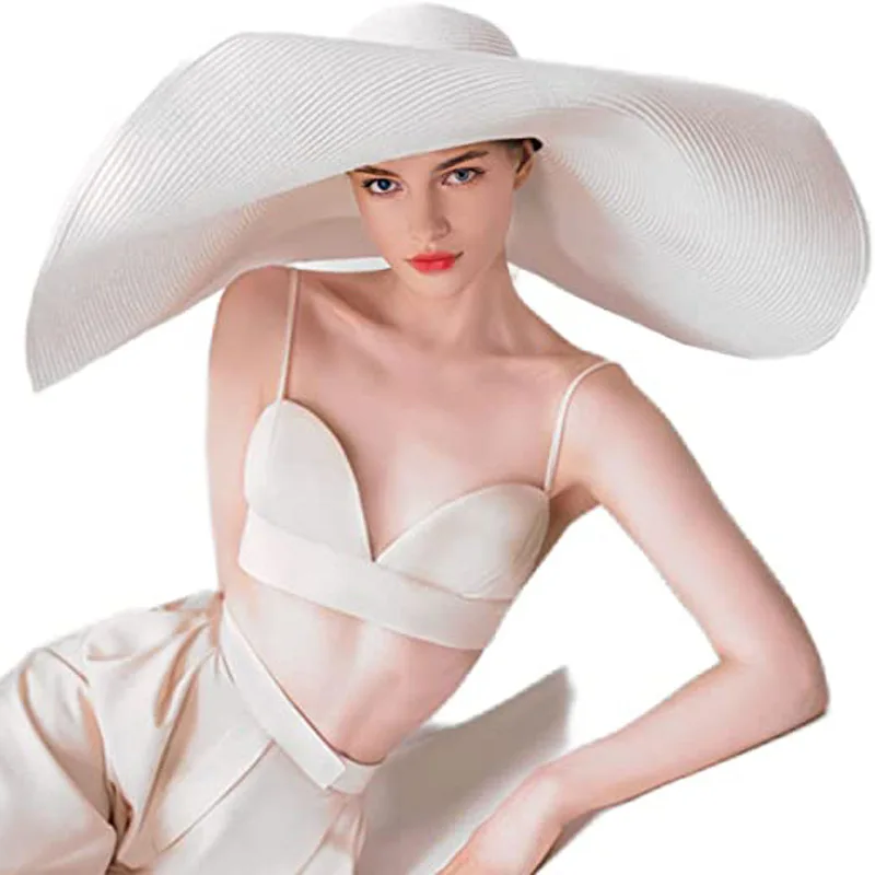 Extra Large 70cm Wide Brim Women 100 Percent Cotton Straw Hat Summer Uv Protection Sun Hat Round Top Breathable Beach Cap For