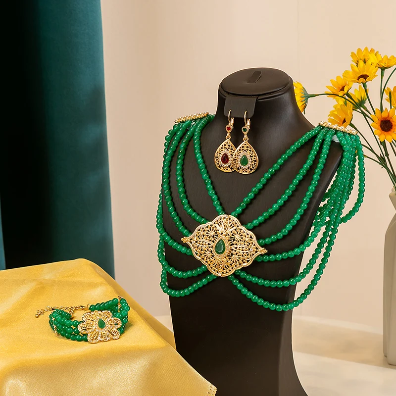 

Luxury Bridal Jewelry Set White Pearl Green Beads Handmade Necklace Earrings Multi-Layer Design Trend Wedding Dress Bijou