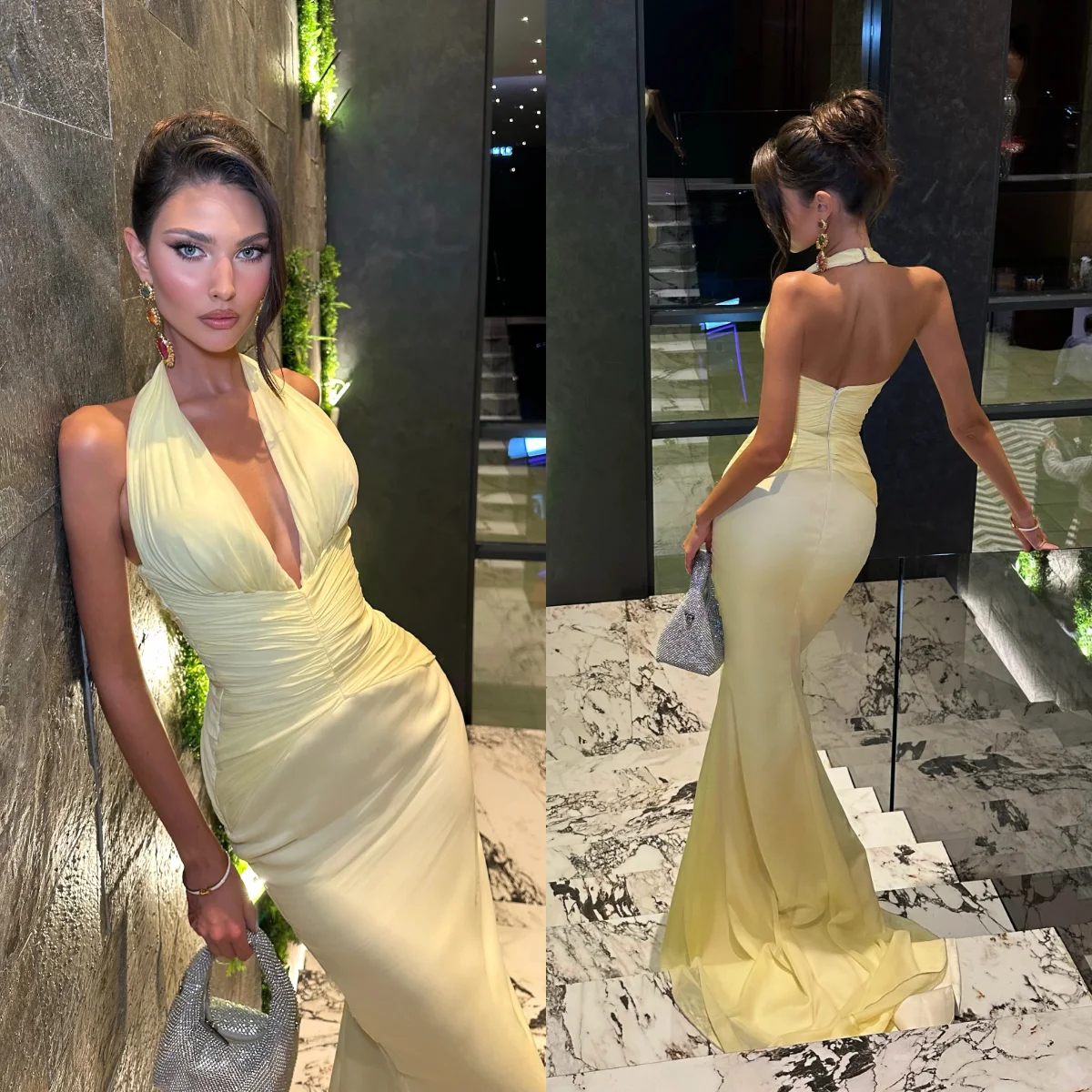 

2025 Sexy Mermaid Evening Dresses Sleeveless Pleat Formal Dresses for Women Halter V Neck Prom Gowns