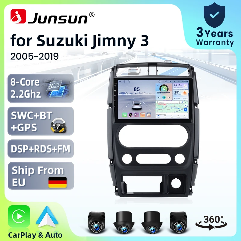 Systèmes stéréo intelligents Android 15 Junsun 9 pouces pour Suzuki Jimny Mk3 2005-2019, caméra 360°, autoradio, CarPlay sans fil, commande vocale IA, écran tactile IPS, lecteur multimédia intelligent, unité principale 2 Din, GPS, Mirror Link, Bluetooth, 4G, RDS, DSP, FM, DAB