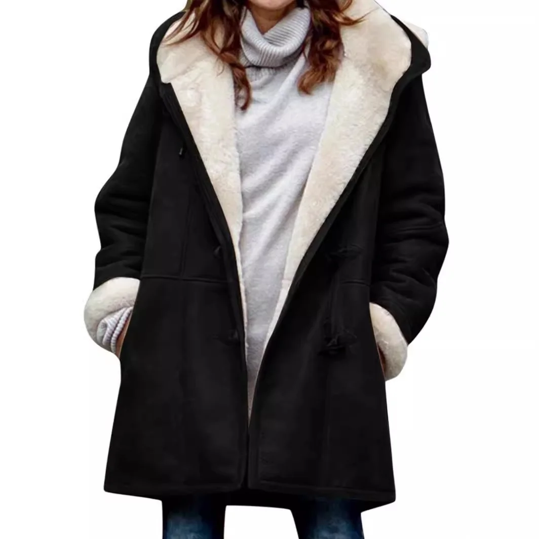 Women's Fleece Lined Coat with Fur Collar And Pockets Outdoor Style Medium Thickness Hooded Normal Length Spring Autumn Season