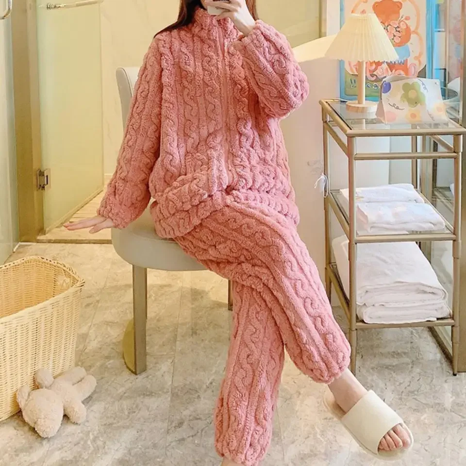 2 Pcs/Set 2025 Ladies Winter Sleepwear Warm Thickened Soft Flannel Pajama Sets O Neck Pajamas Long Pants Casual Loose Homewear