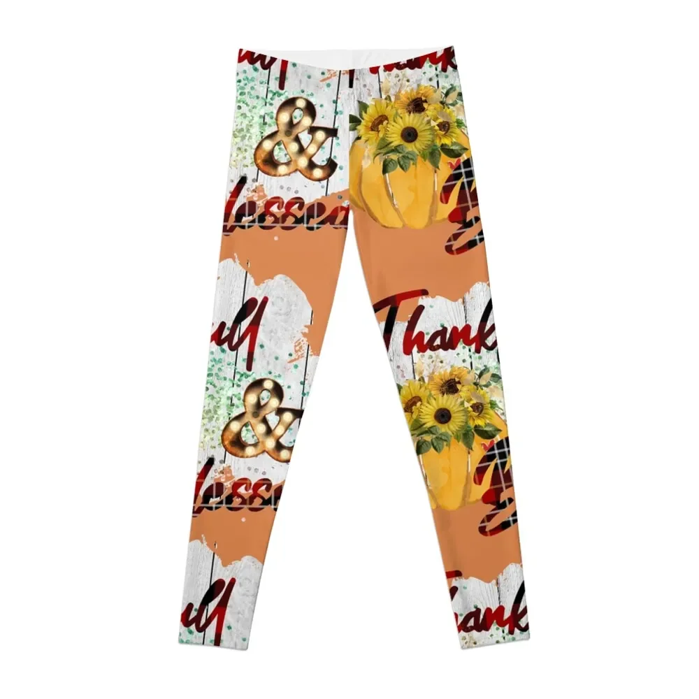 Thankful and Blessed, Fall, Pumpkin and Sunflower Leggings fitness set gym sportswear gym Womens Leggings