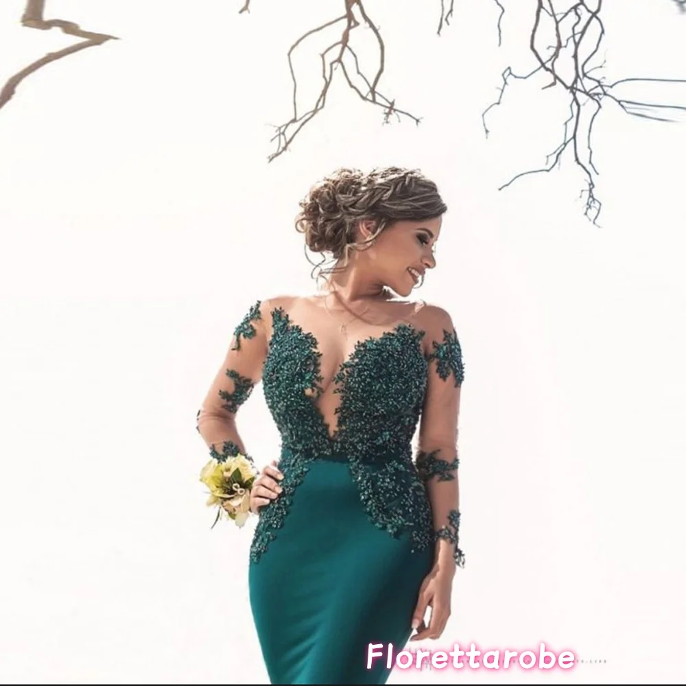 Robe de soirée de forme sirène, personnalisée, élégante, manches longues, avec des Appliques en dentelle, col transparent, en Satin, avec traîne, robe de bal