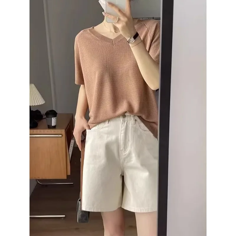 Denim Shorts Female Jeans White Straight Leg Casual Wide Leg High Waist Summer New Slim Fit Versatile view 3