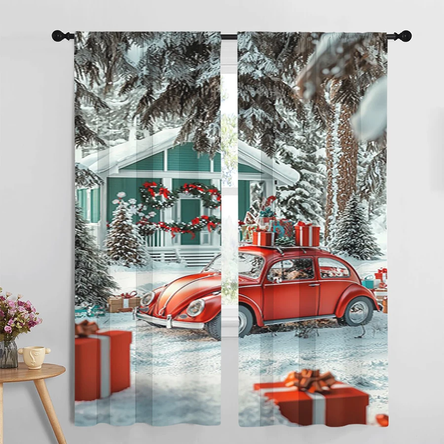 2PCS Christmas Winter Curtains, Red Car Cabin, Digital Print, Bedroom Living Room, Kitchen, Rod Pocket, Polyester, Home Decor