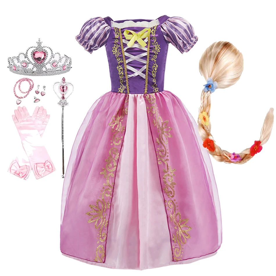 2-8 Years Girls Rapunzel Princess Dress Kids Summer Costume Rapunzel Wig Children Girl Birthday Party Christmas Fancy Costume