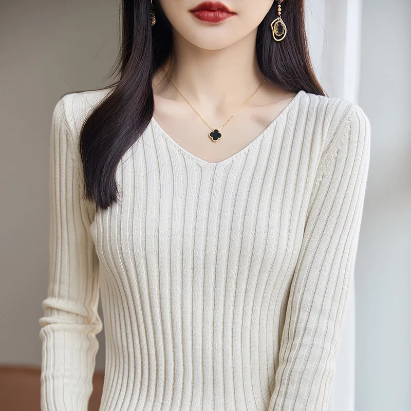 

Sweaters Slim Knitted Sweater Women Pullovers Fashion Long Sleeve V-Neck Knit Sweater Pullover Women Tops Sueters De Mujer Q2375