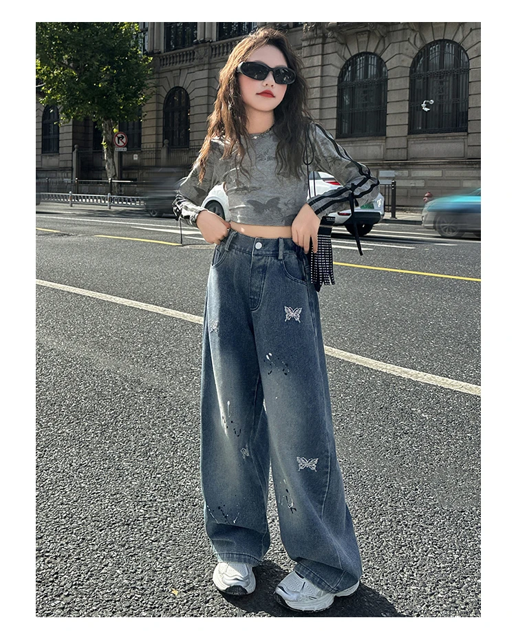 Neue Kinder-Modejeans mit Schmetterlingen für Mädchen, Stylische Gerade Denim-Hosen, Kinder-Teenager-Jeans im Loose-Stil – Detail 3