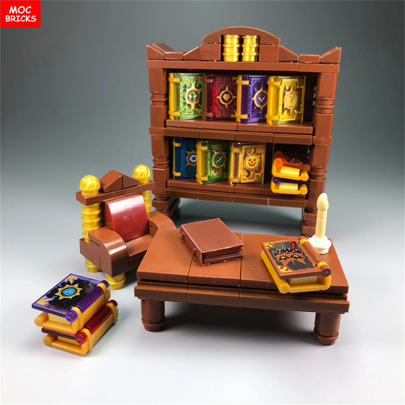Set Sale MOC Bricks – Idealny zestaw do budowania książki, biurka i szafki z drewna dla dzieci