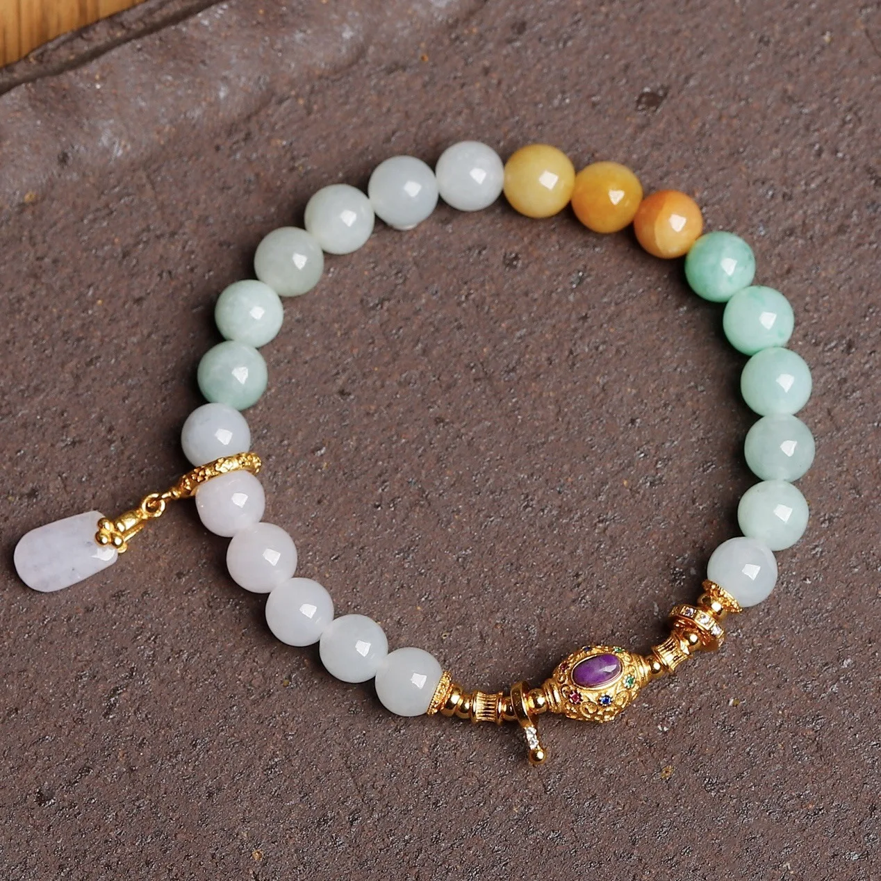 Natural A-grade Tri-color Jadeite Round Bead Bracelet, 925 Silver Gilded, Charoite Inlaid, Vintage Chinese Style Beaded Bracelet