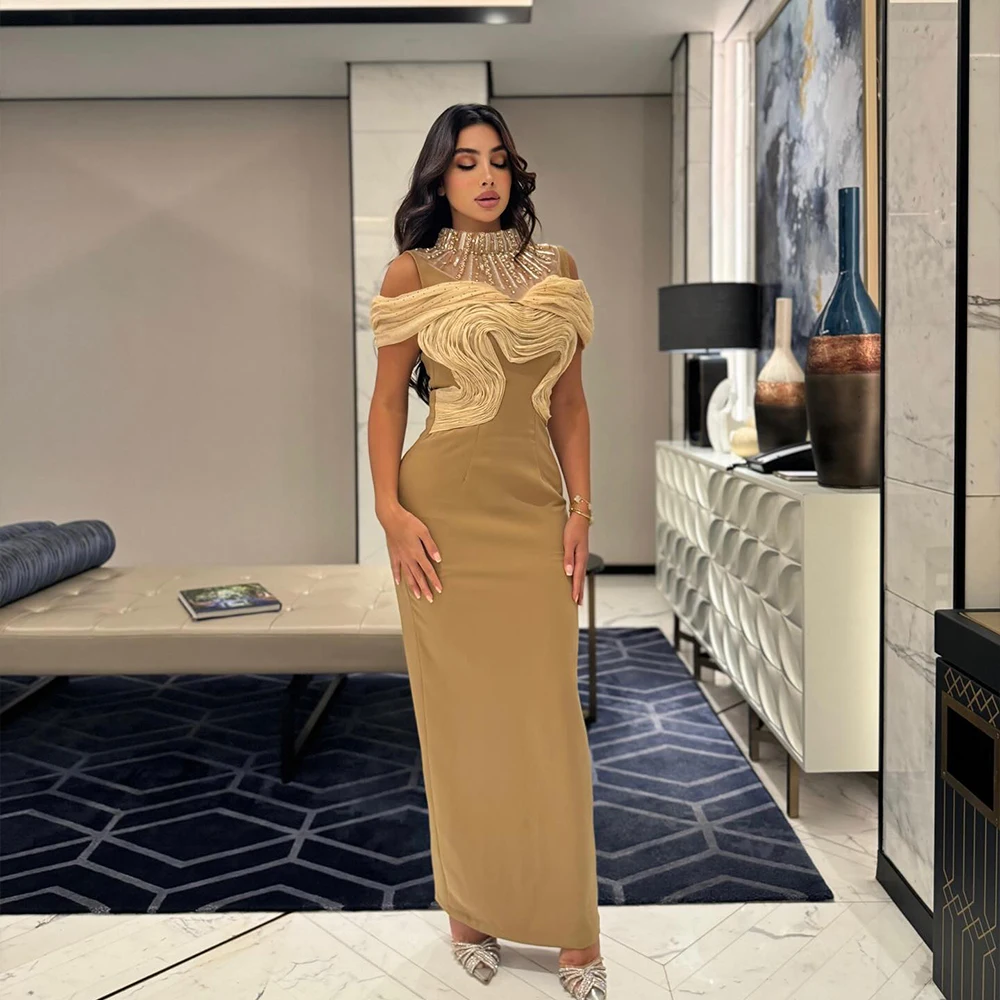 

Arabic Evening Dresses High Neck Sleeveless Prom Dress with Beading Long Women Party Dress Customized فساتين سهرة