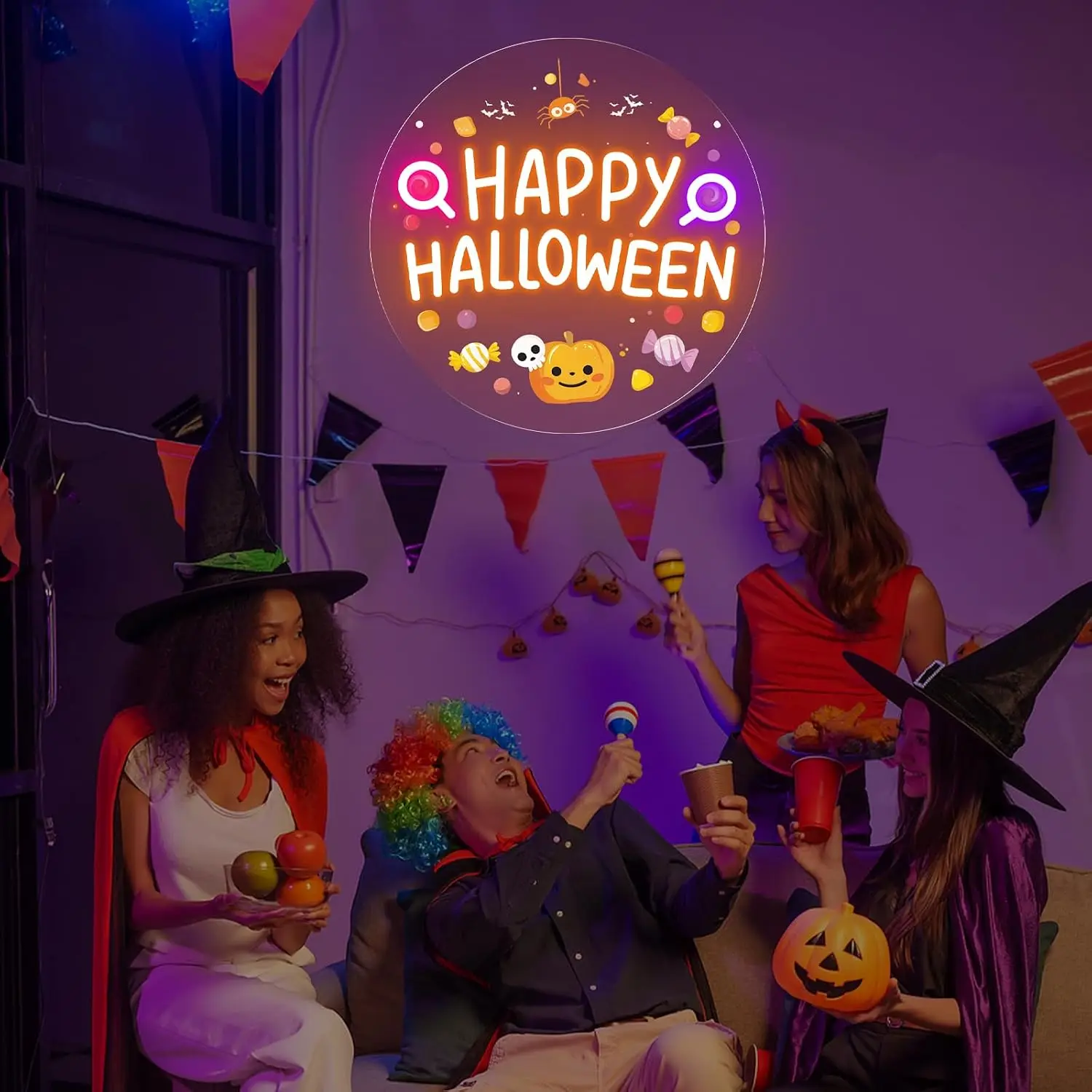 Happy Halloween Neon Sign LED Neon Light USB Powered Wall Hanging Lamp for Halloween Party Home Bedroom Window Decor Gift