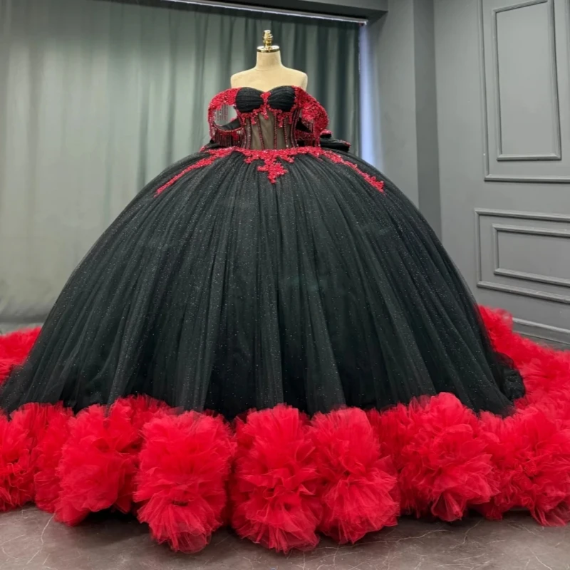 

Black Shiny Quinceanera Dresses Off The Shoulder Applique Beading Crystal Tiered Bow Tull Party Birthday Sweet 16 Dress Vestidos