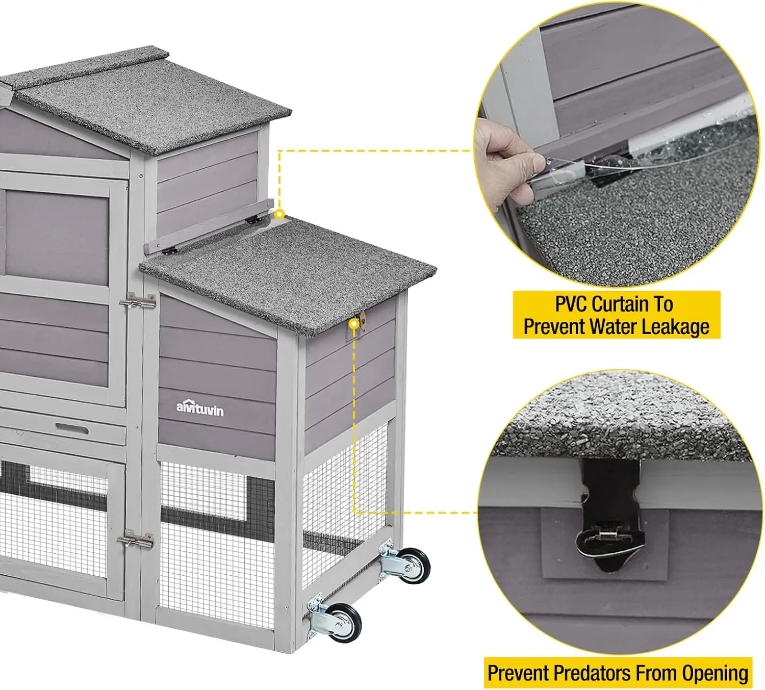 80in حظيرة الدجاج المتنقلة بيت الدجاجة قفص الدواجن الخشبي في الهواء الطلق مع صندوق التعشيش بعجلات
