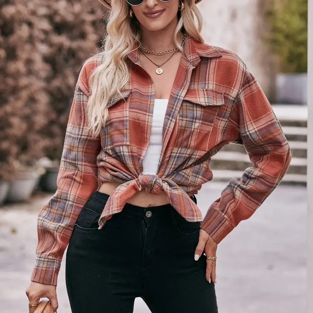 

2025 Spring Autumn Women New Plaid Shirt Leisure Oversize Long Sleeve Tops Female 2 Pocket Lapel Blouses Women's Clothing New