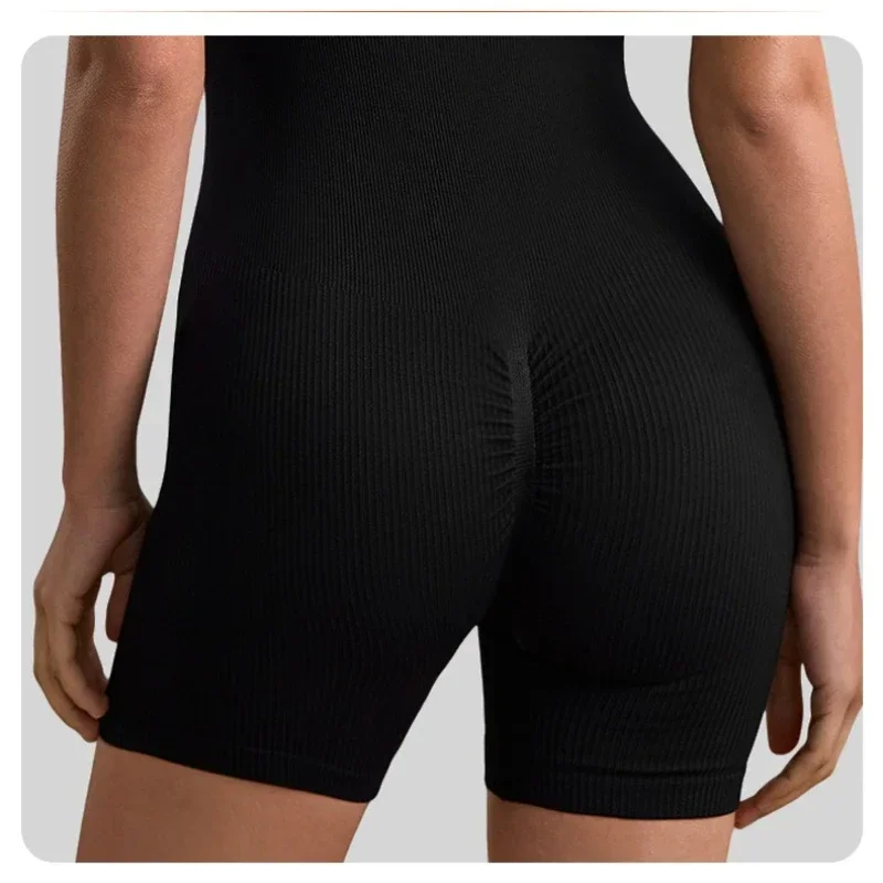 WANAYOU Contrast Women Yoga Jumpsuit Hip Lift Sports Shorts Set Low V Neck Gym Tracksuit Workout Bodysuits Sport Set Women