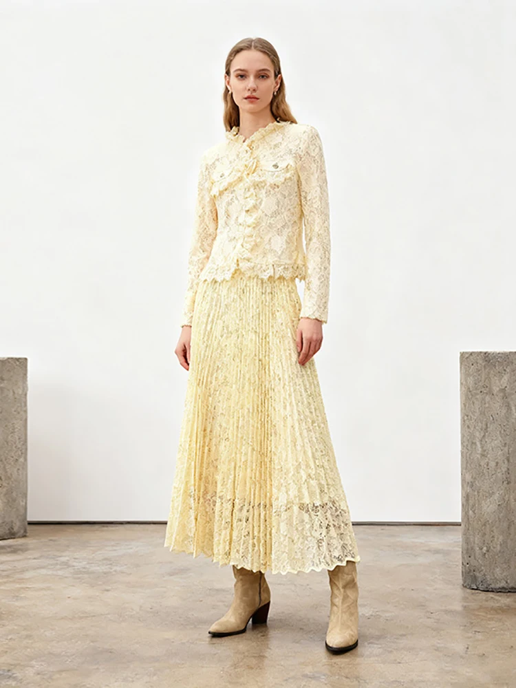 

Женская кружевная юбка, комплект из двух предметов, сексуальный топ с длинными рукавами и оборками + длинная плиссированная юбка, костюмы, вечерние коктейльные вечерние комплекты