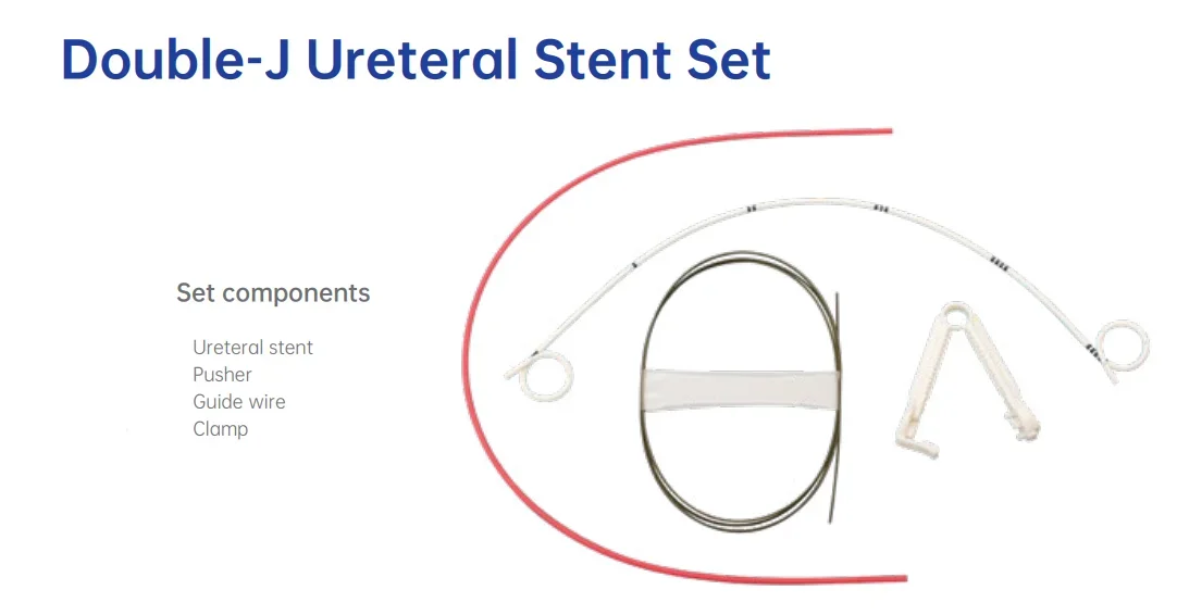 Double-J Ureteral Stent Set with Pusher Hydrophilic GuideWire and Clamp Disinfecting Type EOS CE Certified Class II