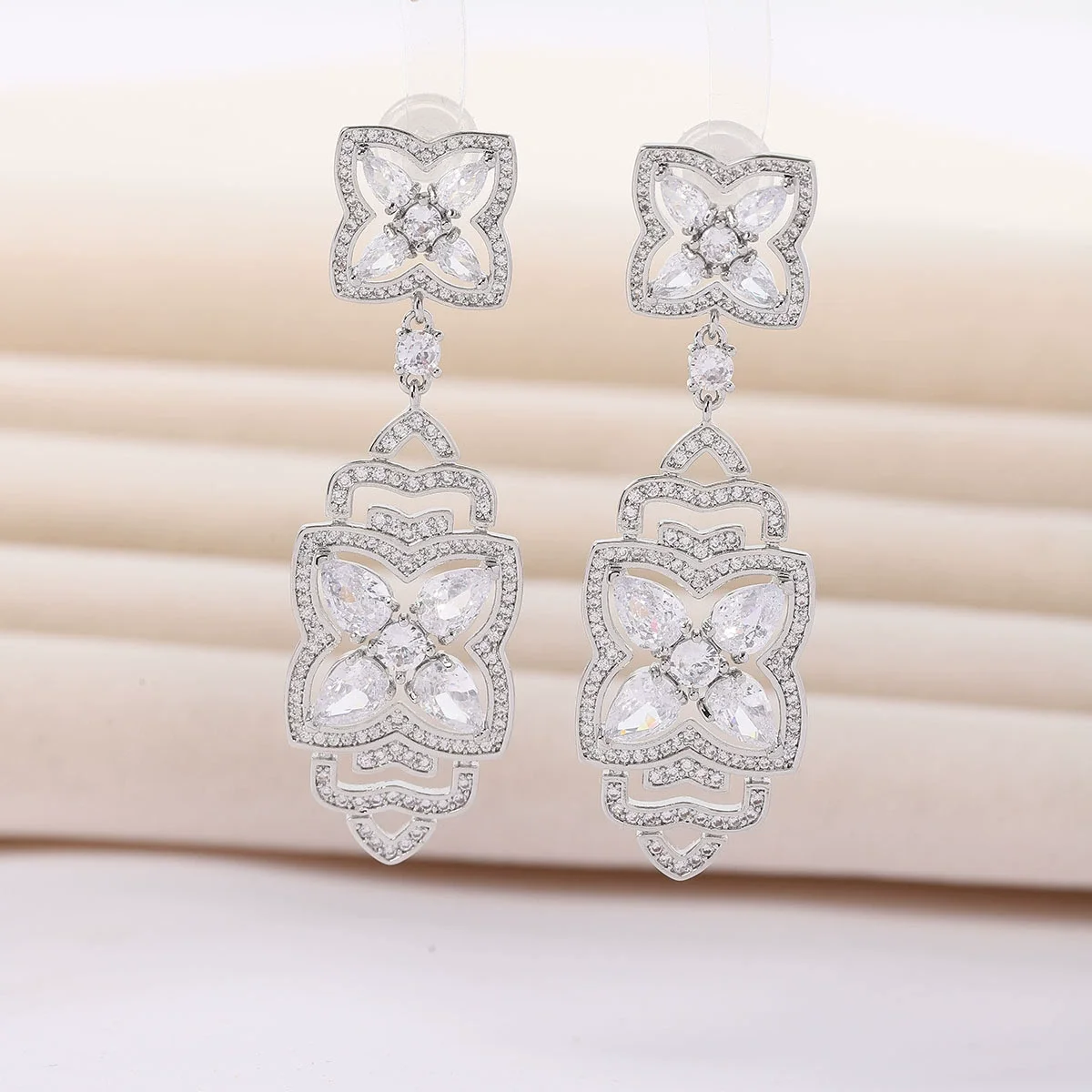 

925 Silver Needle Luxury Full Zircon Four Leaf Clover Drop Earrings, Elegant Party Statement Jewelry Gift for Women