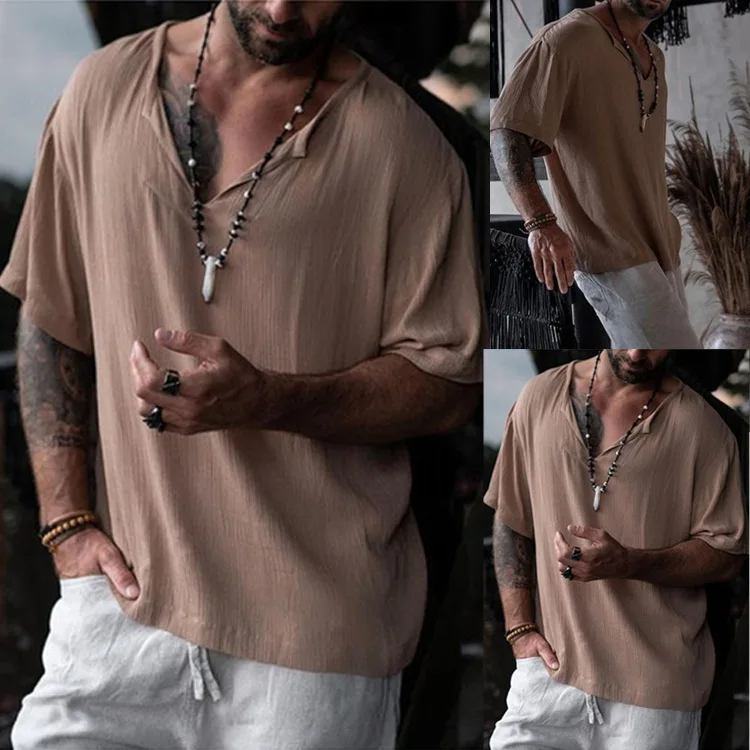 

Men's Summer V-Neck Short Sleeve Shirt Loose Solid Color Casual Tops For Southeast Asian & European American Style Lightweight