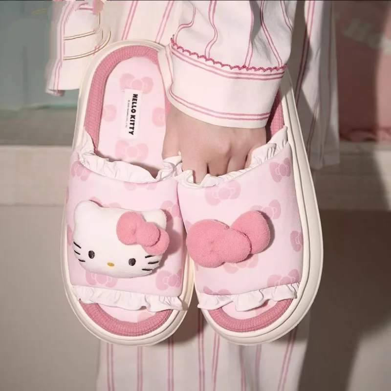 

Sanrio Hello Kitty Slippers for Women Kawaii Linen Cotton Home Shoes Thick Soft Sole Nonslip for Outdoor for Four Seasons Sandal