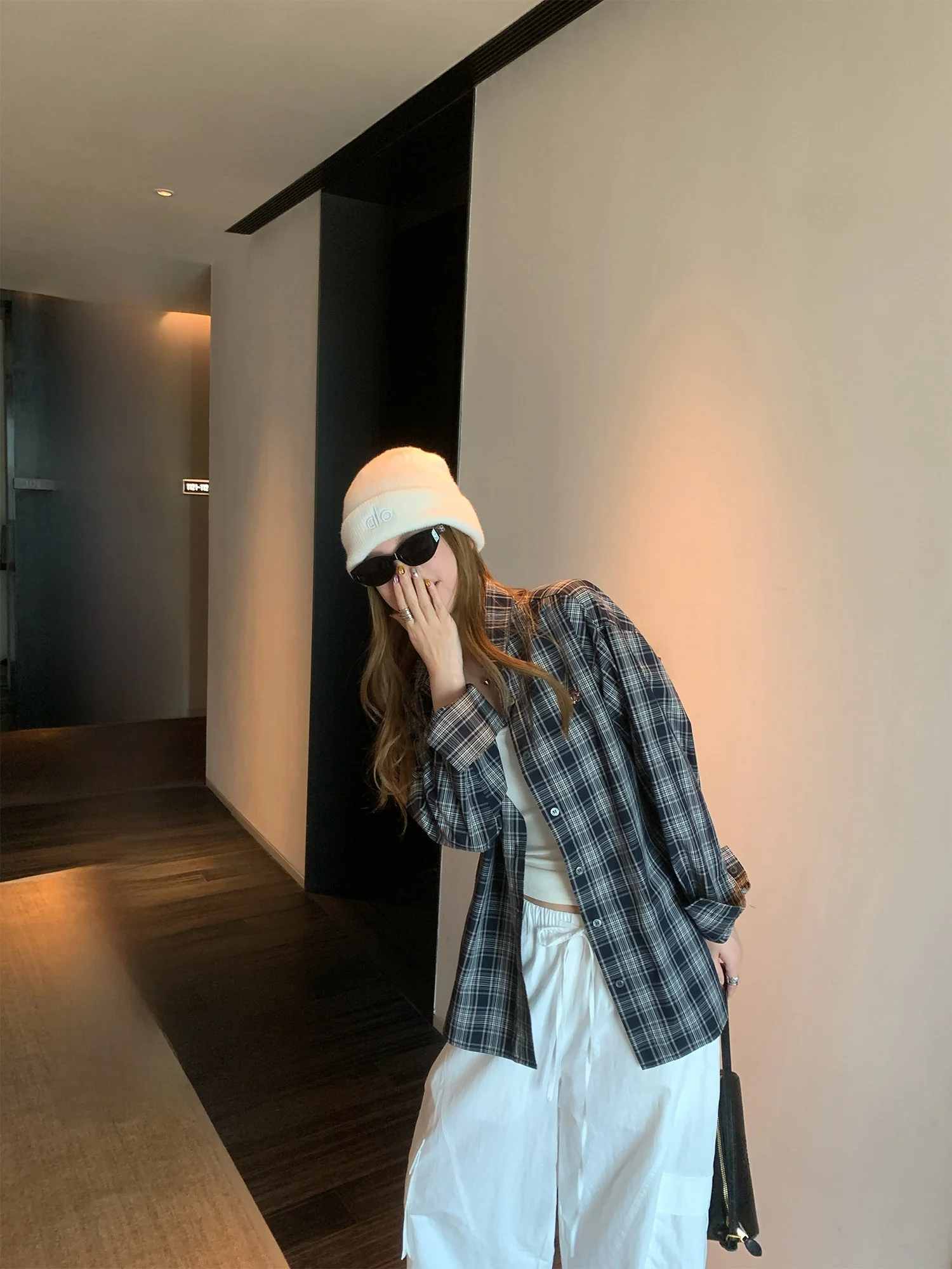 

Ungula Grapefruit New York Student Qing Blue Plaid Oversize Long Sleeve Women's Shirt Sun Protection Casual Loose Fit Shirt