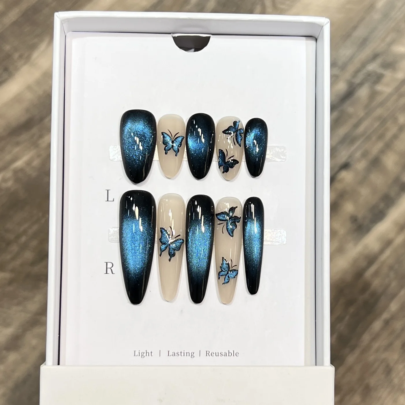 10개 수제 프레스온 네일 미디엄 오벌 블루 매직 버터플라이 글라스 비즈 캣츠아이 여성&소녀용 탈부착 네일