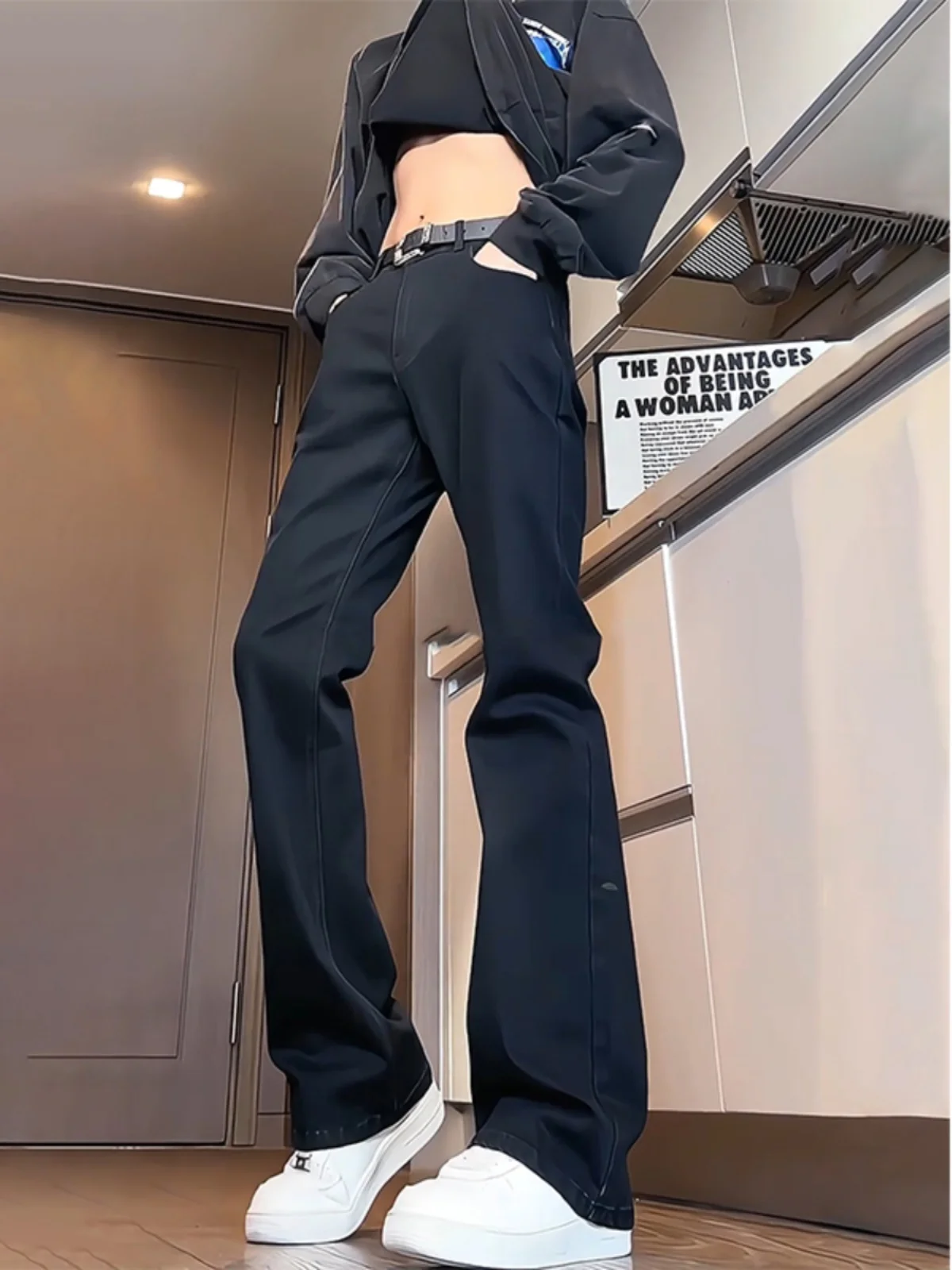 

Мужские джинсы American Vibe с высокой талией, эластичные длинные прямые брюки, чистые расклешенные ноги, повседневные модные джинсовые брюки