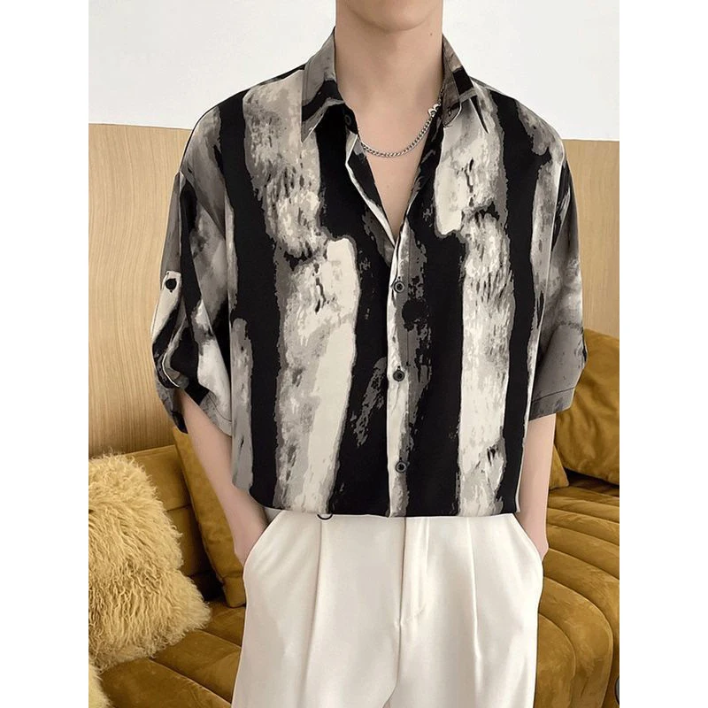 Men\'s Clothing Trend Korean Style Tie Dye Print Harajuku Streetwear Shirt Summer Casual Half Sleeve Loose Tops Y2K Chemise Homme