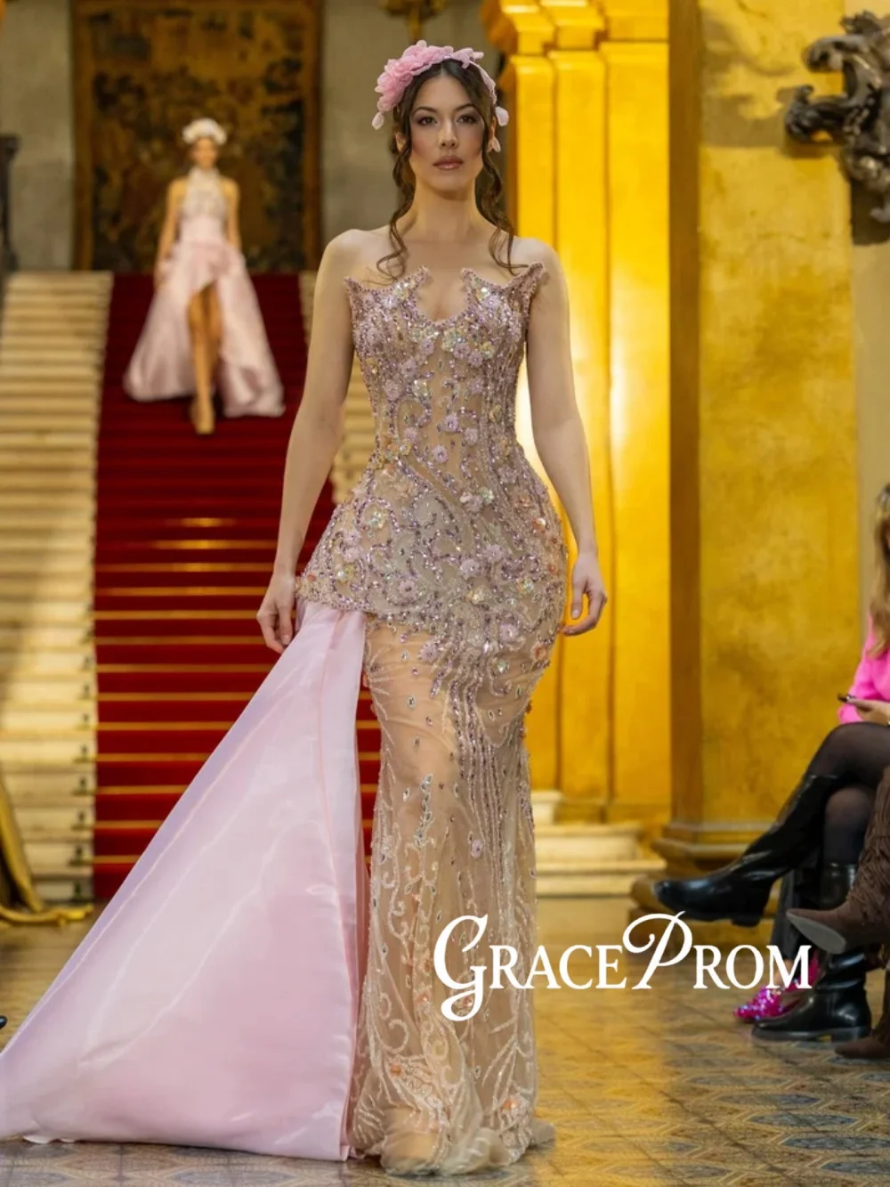 

New Illusion Crystal 3D Floral Evening Dress Elegant Sleeveless Straight Wedding Party Gown Customized Long Red Carpet Gowns