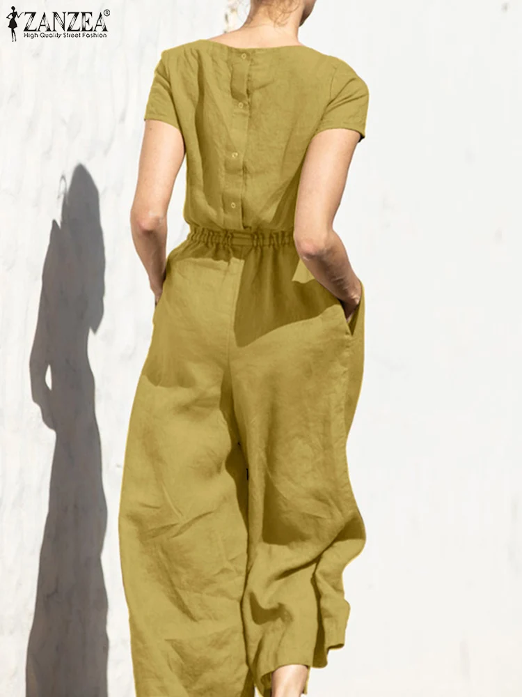 Women Short Sleeve Solid Loose Wide Leg Jumpsuits ZANZEA Fashion Summer Rompers Elastic Waist Long Playsuits Casual Overalls